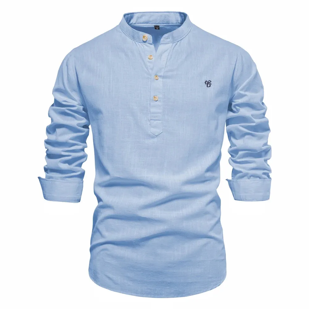 100% Cotton Embroidery Stand Collar Men's Shirts Solid Color Long Sleeve Shirts for Men New Spring Fashion Shirts Men