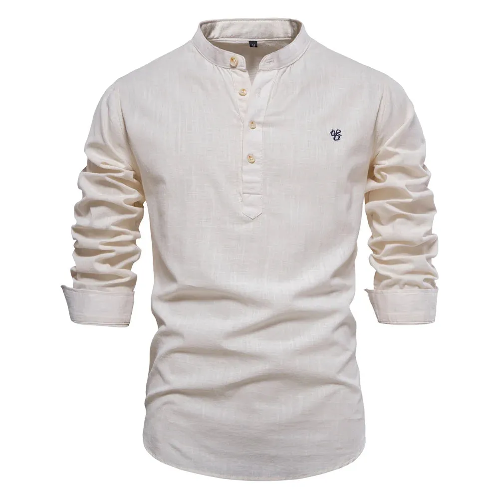 100% Cotton Embroidery Stand Collar Men's Shirts Solid Color Long Sleeve Shirts for Men New Spring Fashion Shirts Men