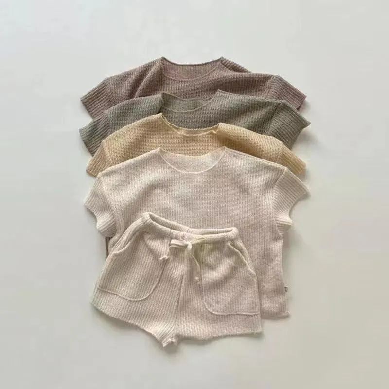 2 Pieces Set Baby Kid Girls Solid Color Tops And Shorts Wholesale 24030119