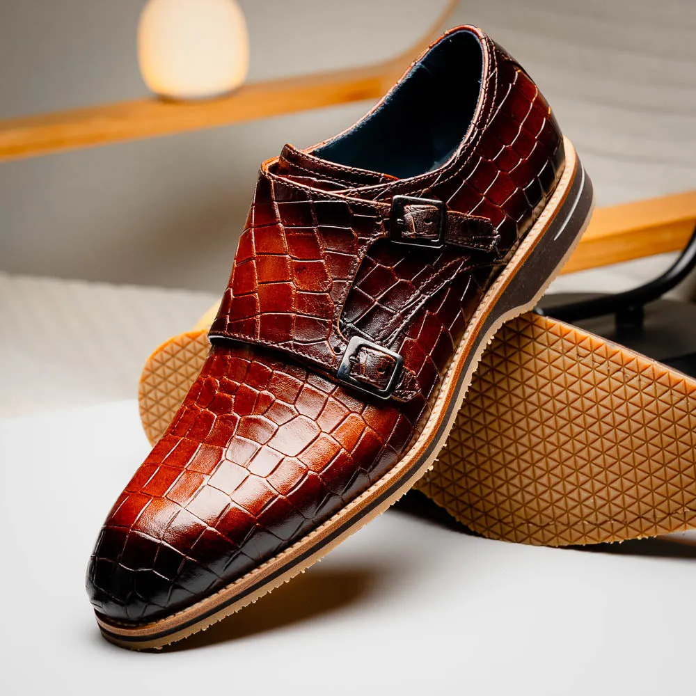 55-112-CGN LEGERRA Hand Burnished Crocodile Print Monkstrap Cognac