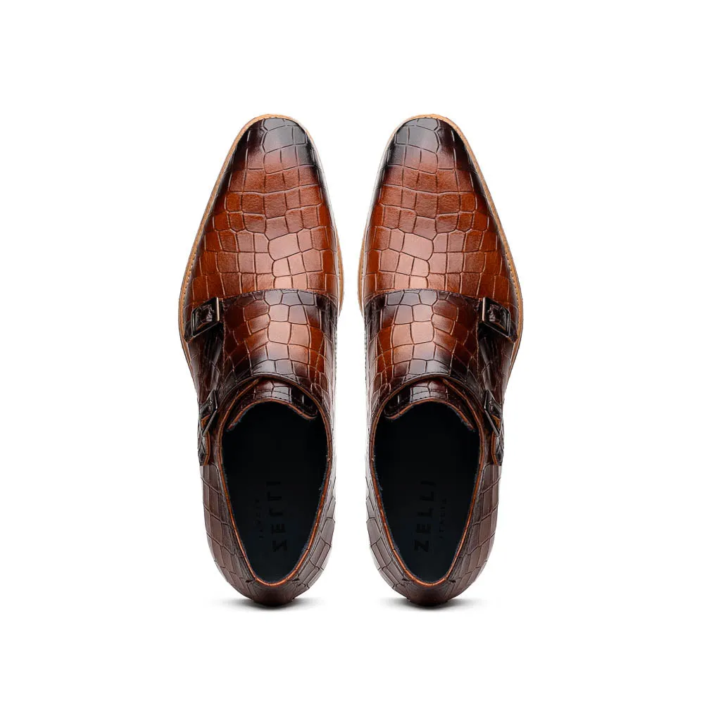 55-112-CGN LEGERRA Hand Burnished Crocodile Print Monkstrap Cognac