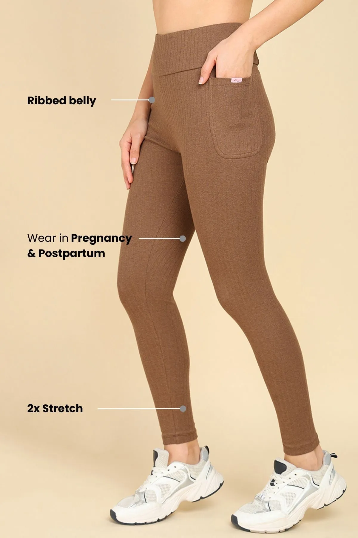 All Over Ribbed Cotton Melange Brown Mom Legging