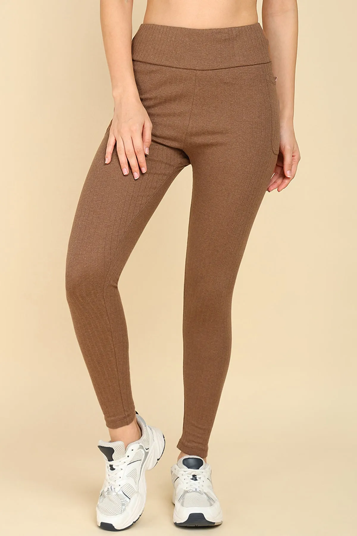 All Over Ribbed Cotton Melange Brown Mom Legging