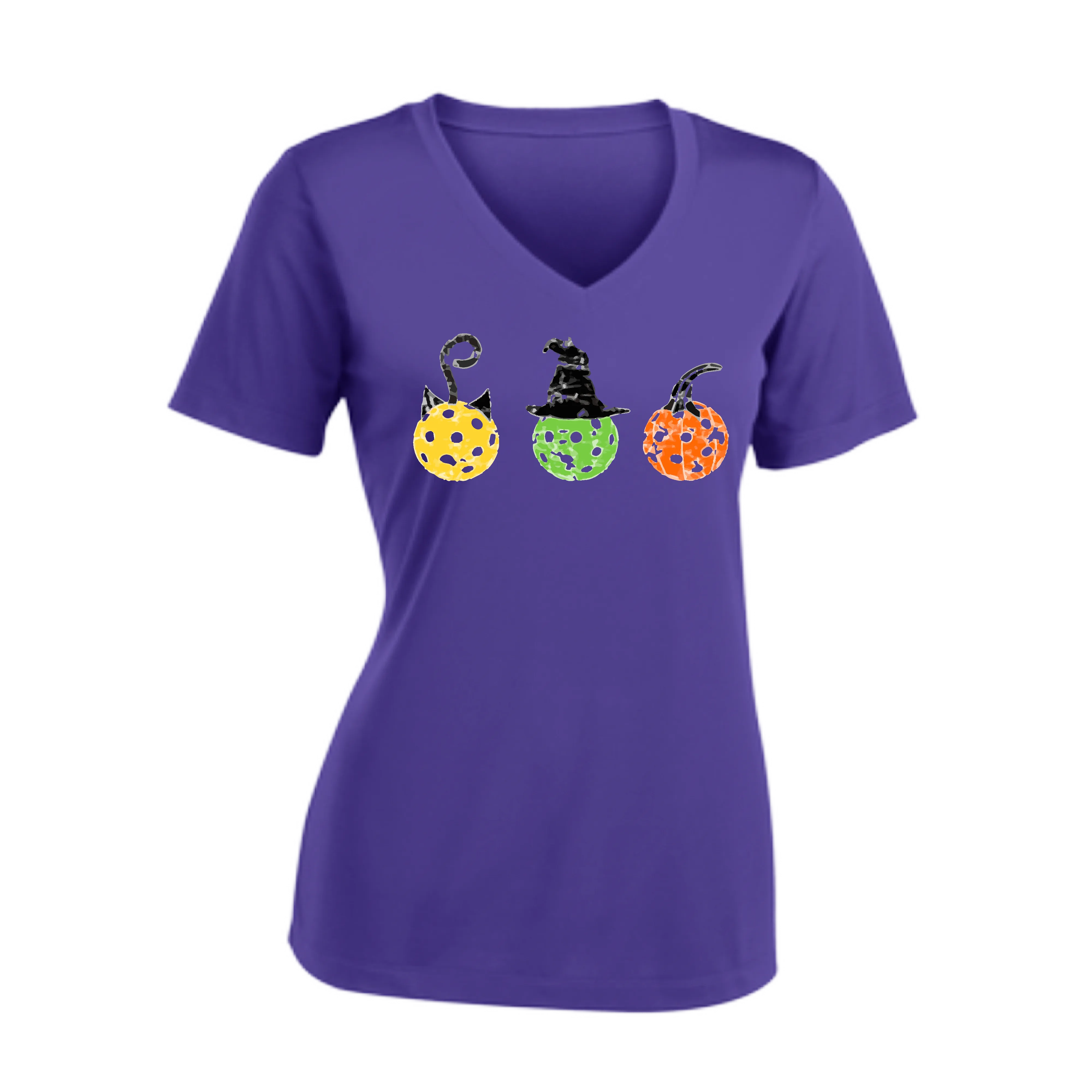 Cat Witch Pumpkin  | Women's Short Sleeve V-Neck Pickleball Shirts | 100% Polyester