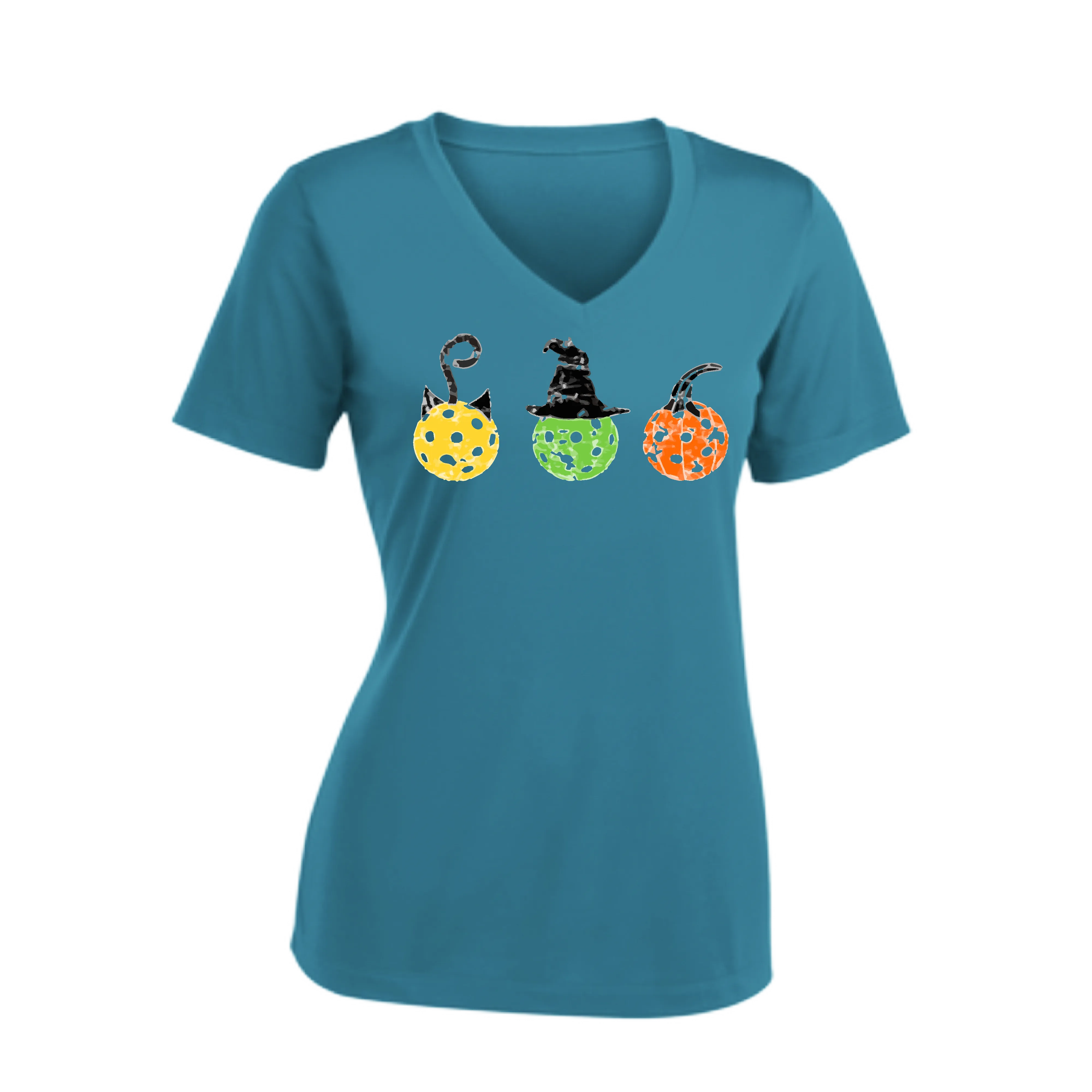 Cat Witch Pumpkin  | Women's Short Sleeve V-Neck Pickleball Shirts | 100% Polyester