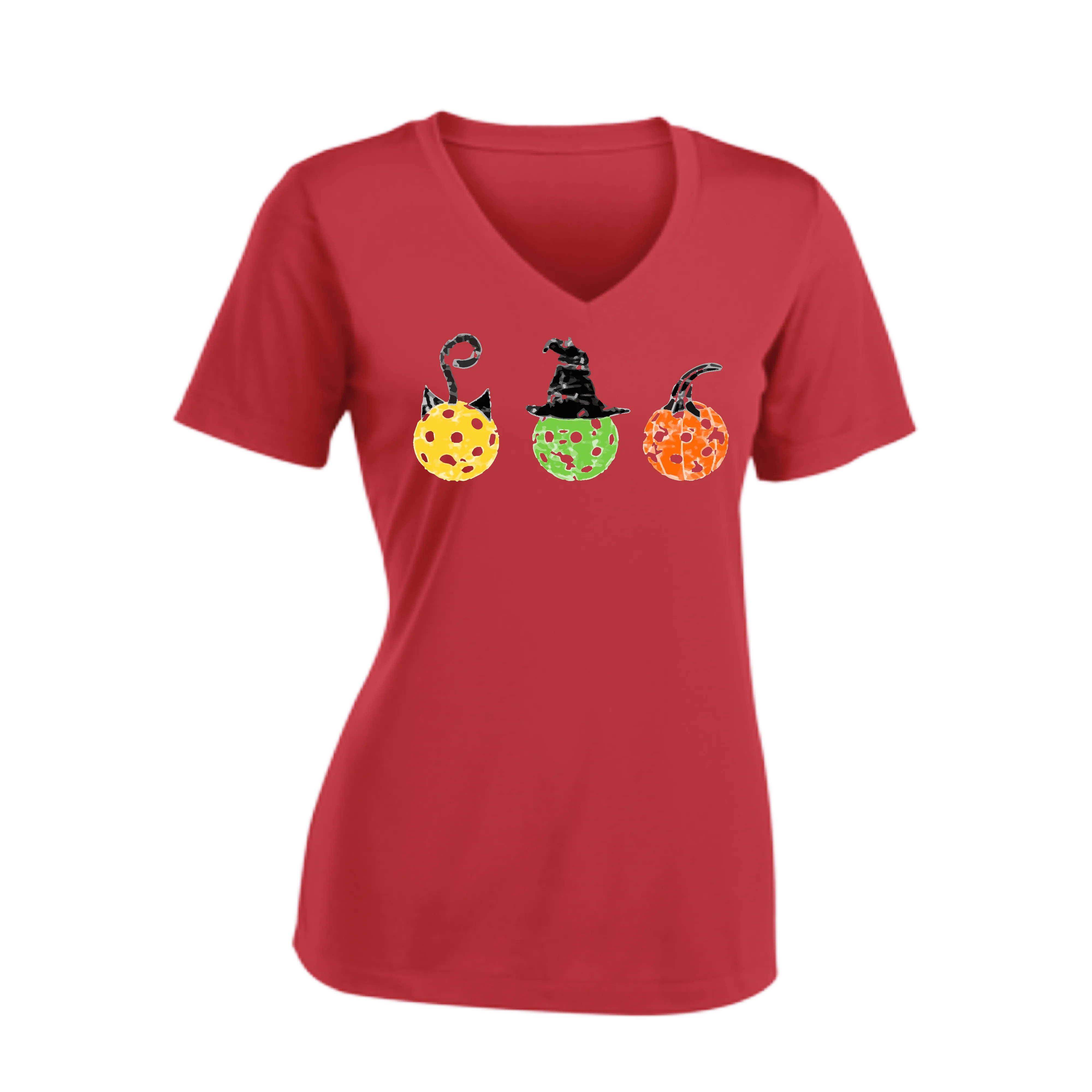 Cat Witch Pumpkin  | Women's Short Sleeve V-Neck Pickleball Shirts | 100% Polyester