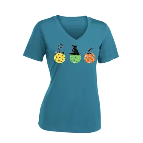 Cat Witch Pumpkin  | Women's Short Sleeve V-Neck Pickleball Shirts | 100% Polyester