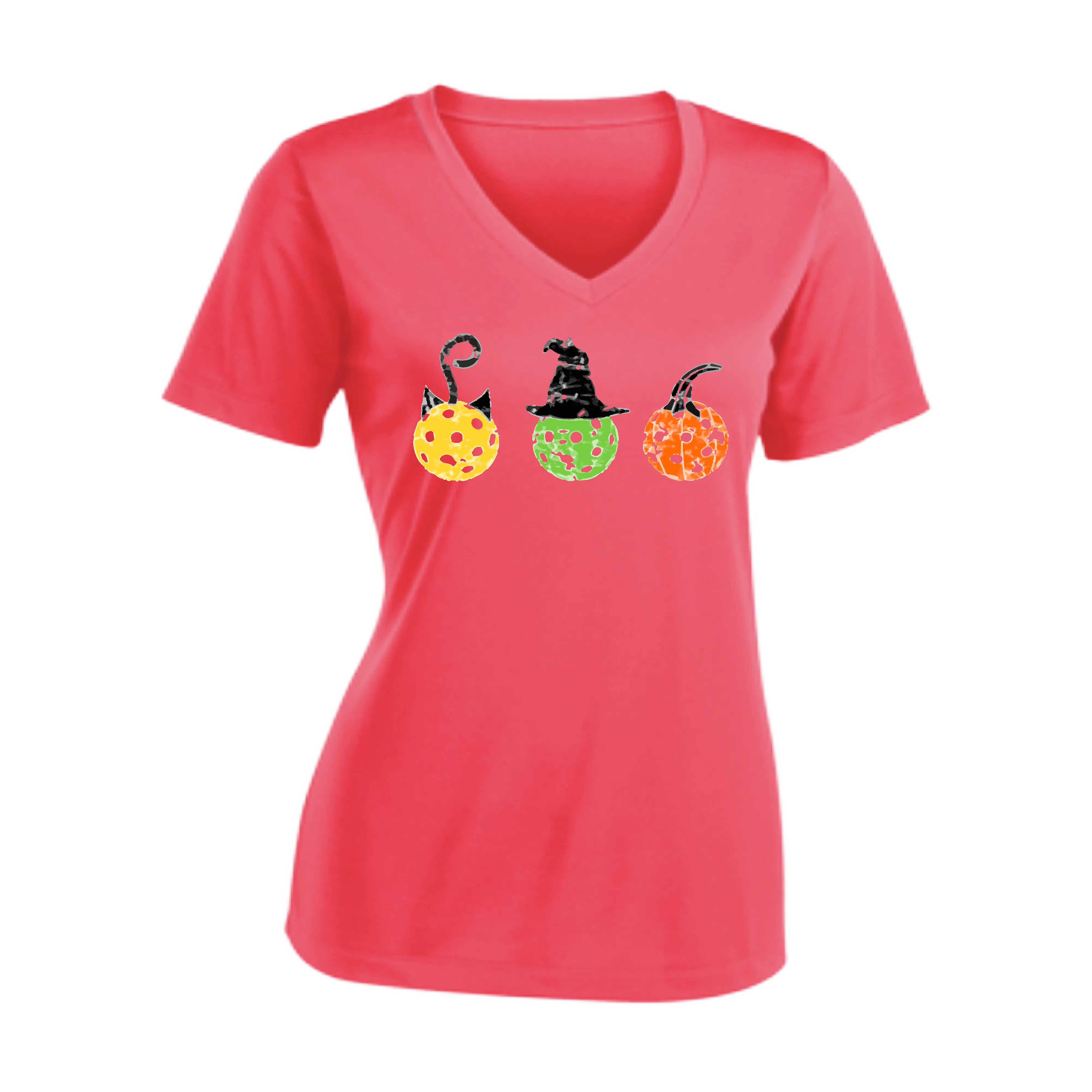 Cat Witch Pumpkin  | Women's Short Sleeve V-Neck Pickleball Shirts | 100% Polyester