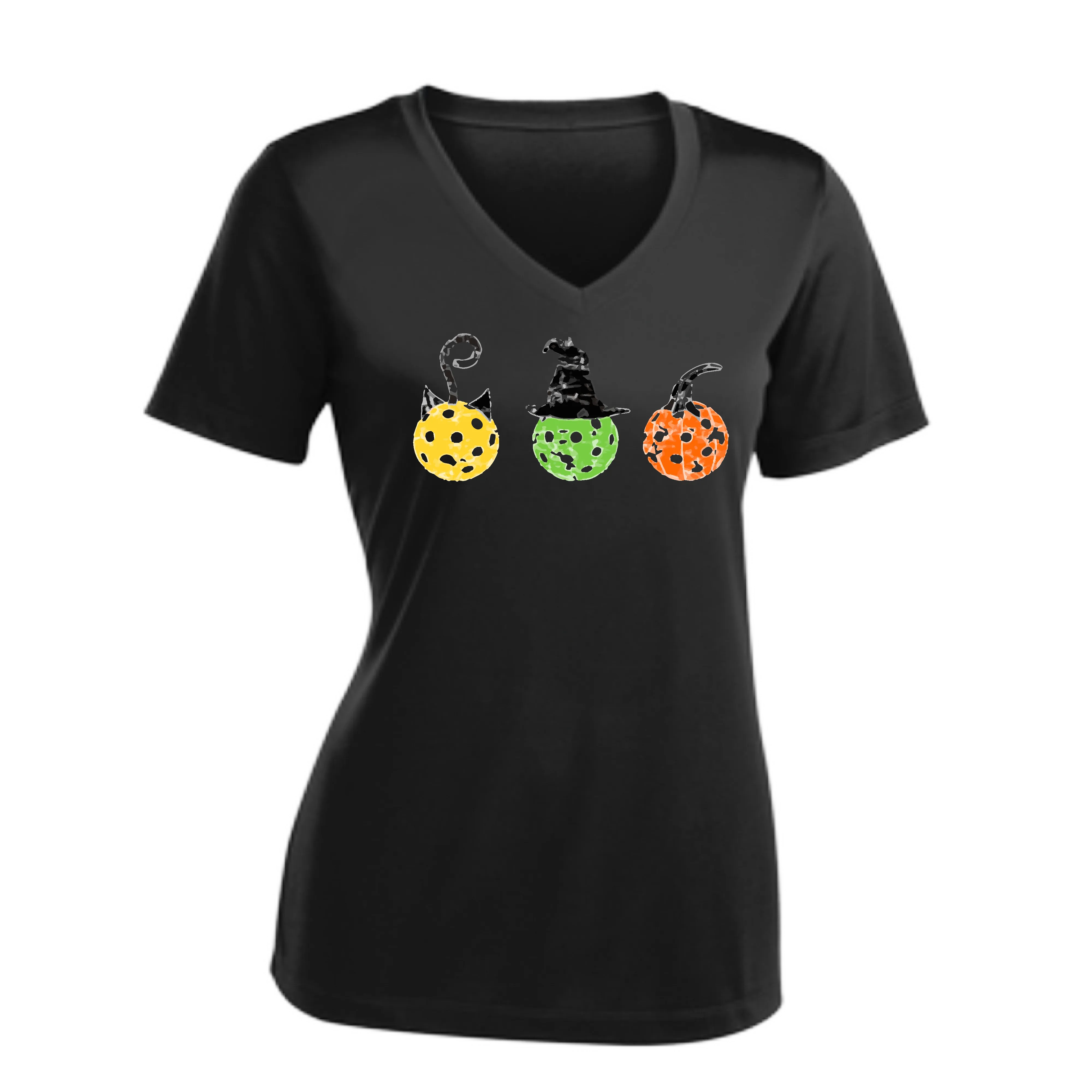 Cat Witch Pumpkin  | Women's Short Sleeve V-Neck Pickleball Shirts | 100% Polyester