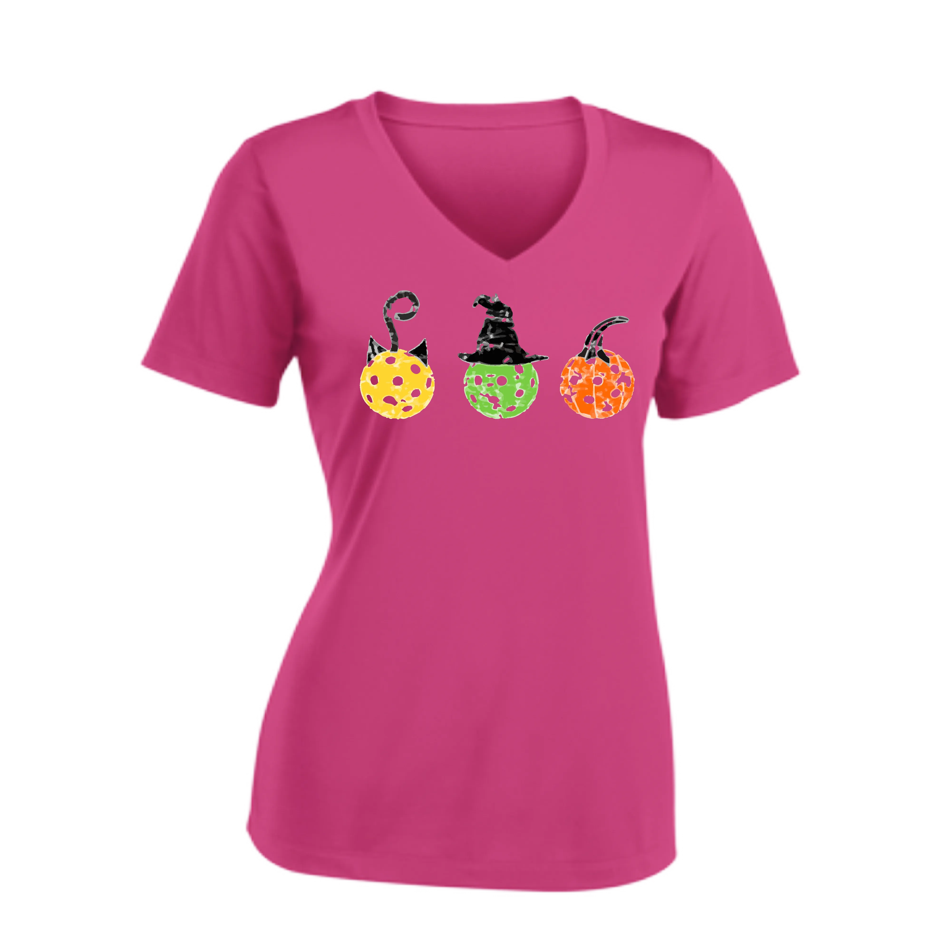 Cat Witch Pumpkin  | Women's Short Sleeve V-Neck Pickleball Shirts | 100% Polyester