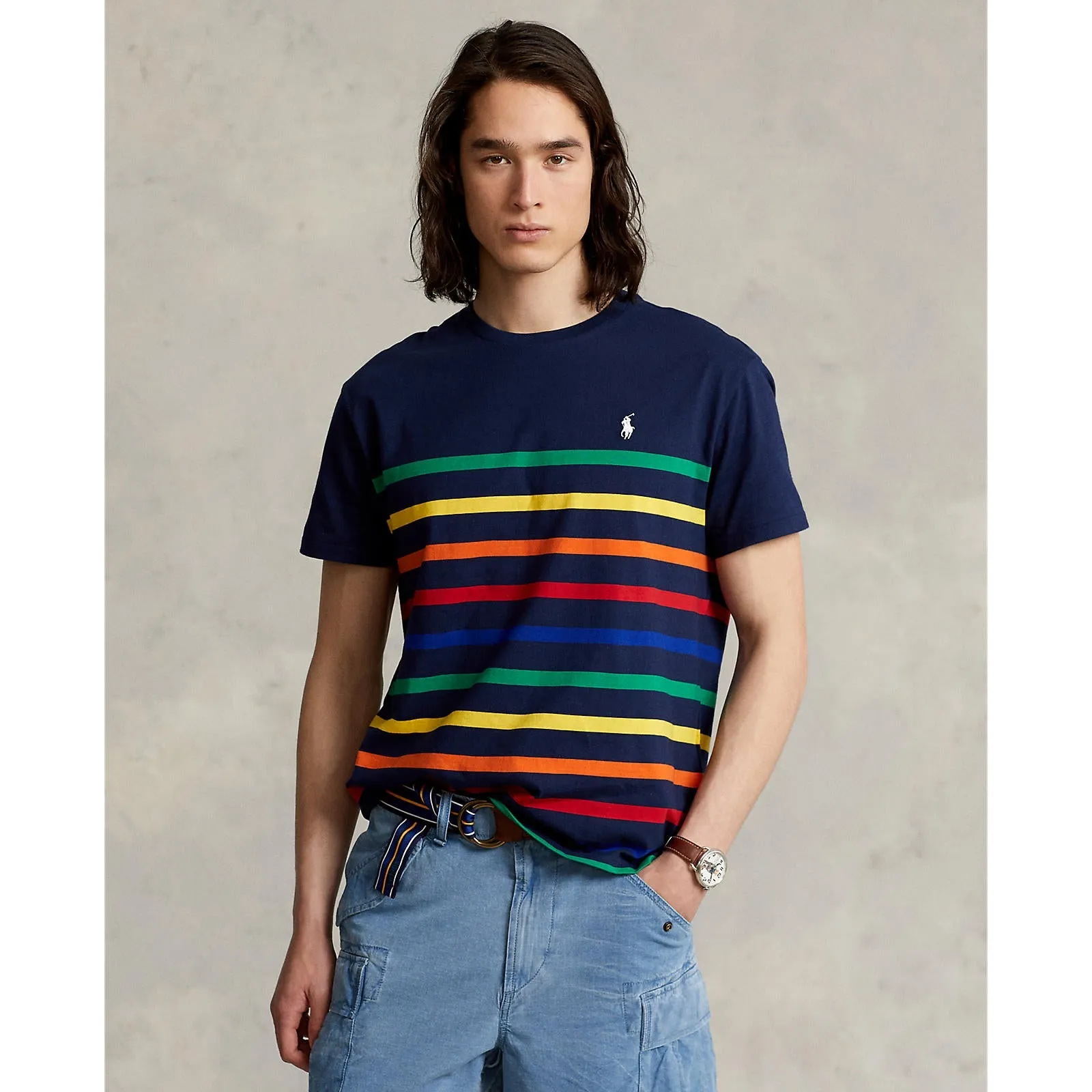 Custom Fit Striped Jersey T-Shirt - Navy / Multi