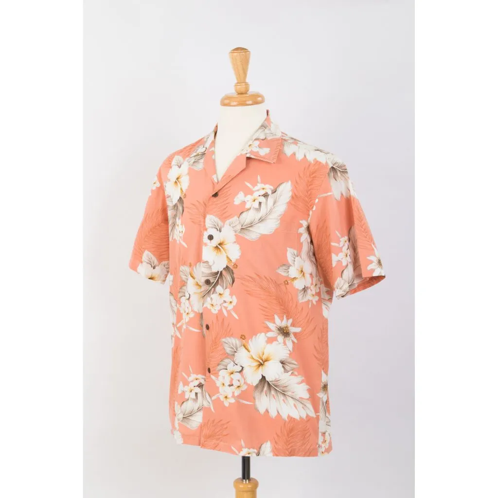 Matching Hibiscus Print Cotton Aloha Shirt - Peach, Red, Navy, Blue