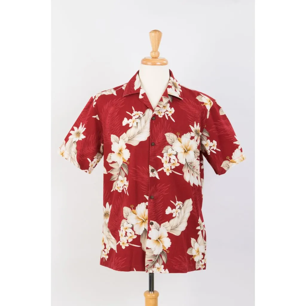 Matching Hibiscus Print Cotton Aloha Shirt - Peach, Red, Navy, Blue