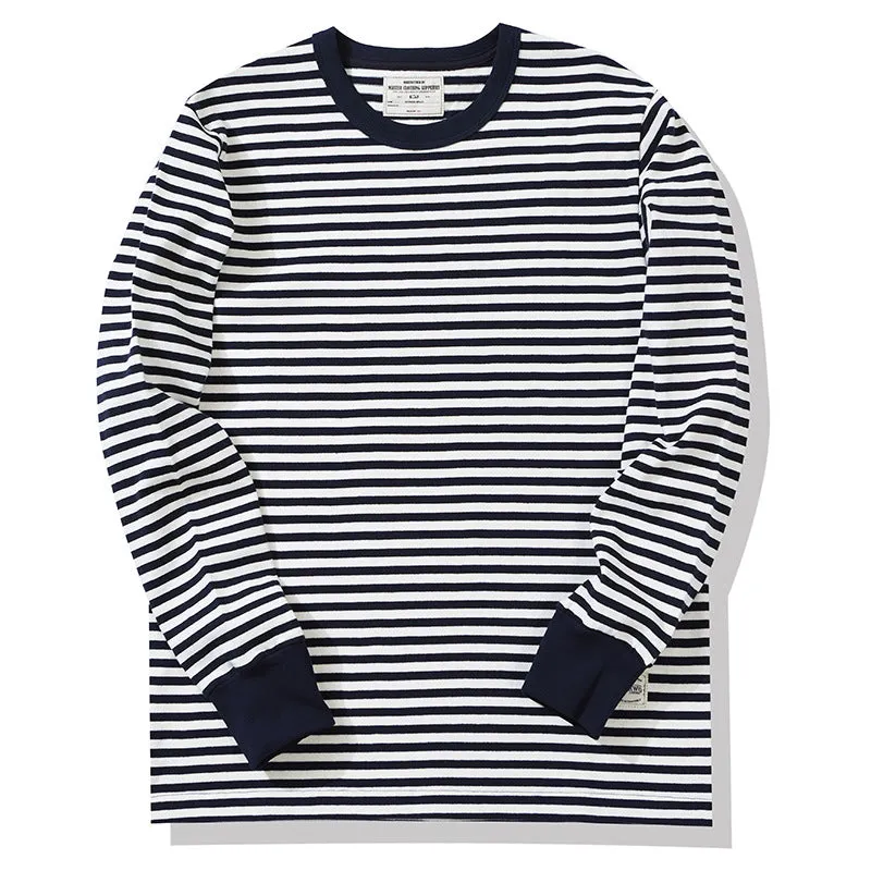 Men's Casual Pinstripe Marine Shirt Pure Cotton Long Sleeve T-Shirt