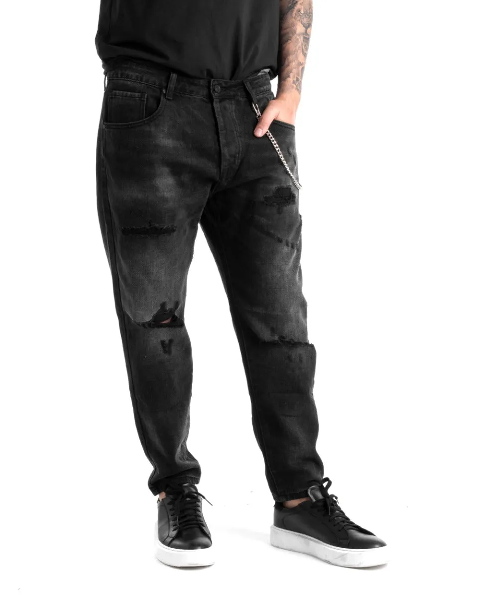 Pantaloni Jeans Uomo Loose Fit Denim Nero Con Rotture Cinque Tasche GIOSAL-P5274A