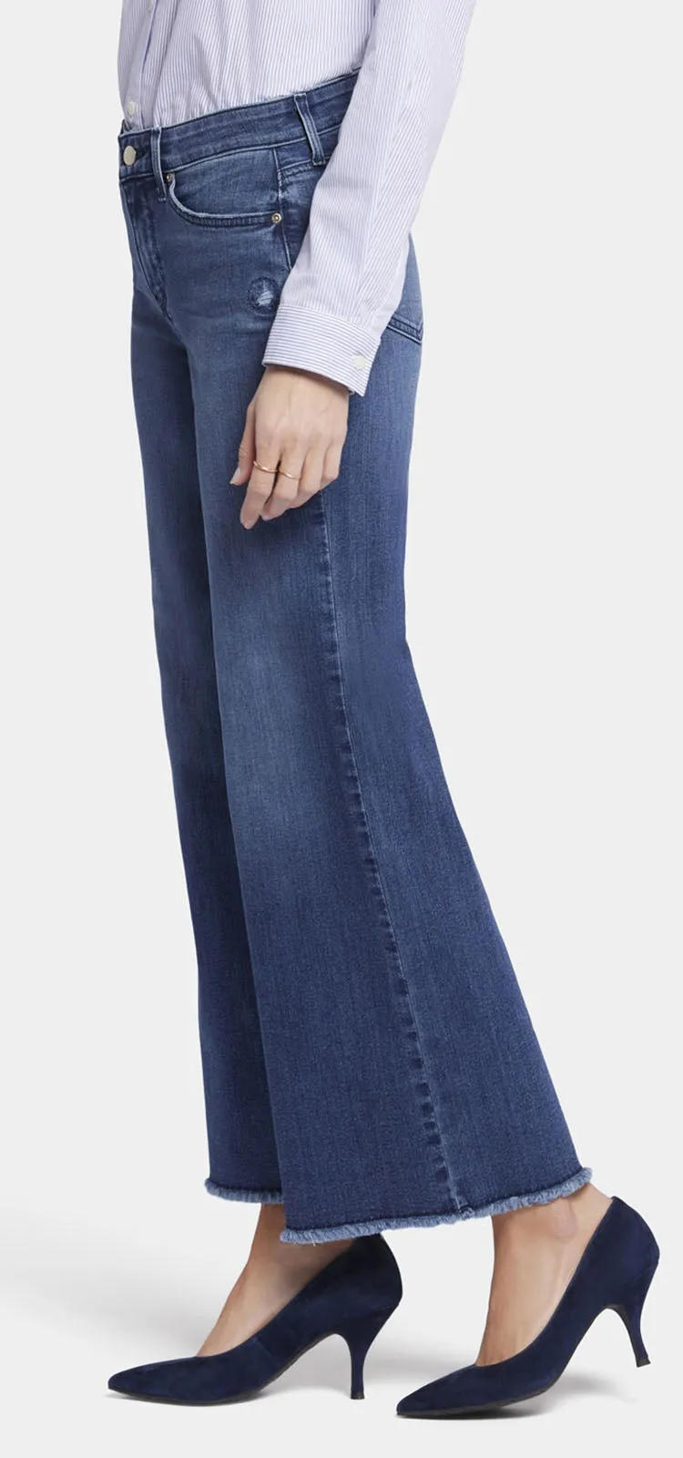 Teresa Wide Leg Ankle Jeans Gerafelde Zoom Mediumblauw Premium Denim | Riverwalk