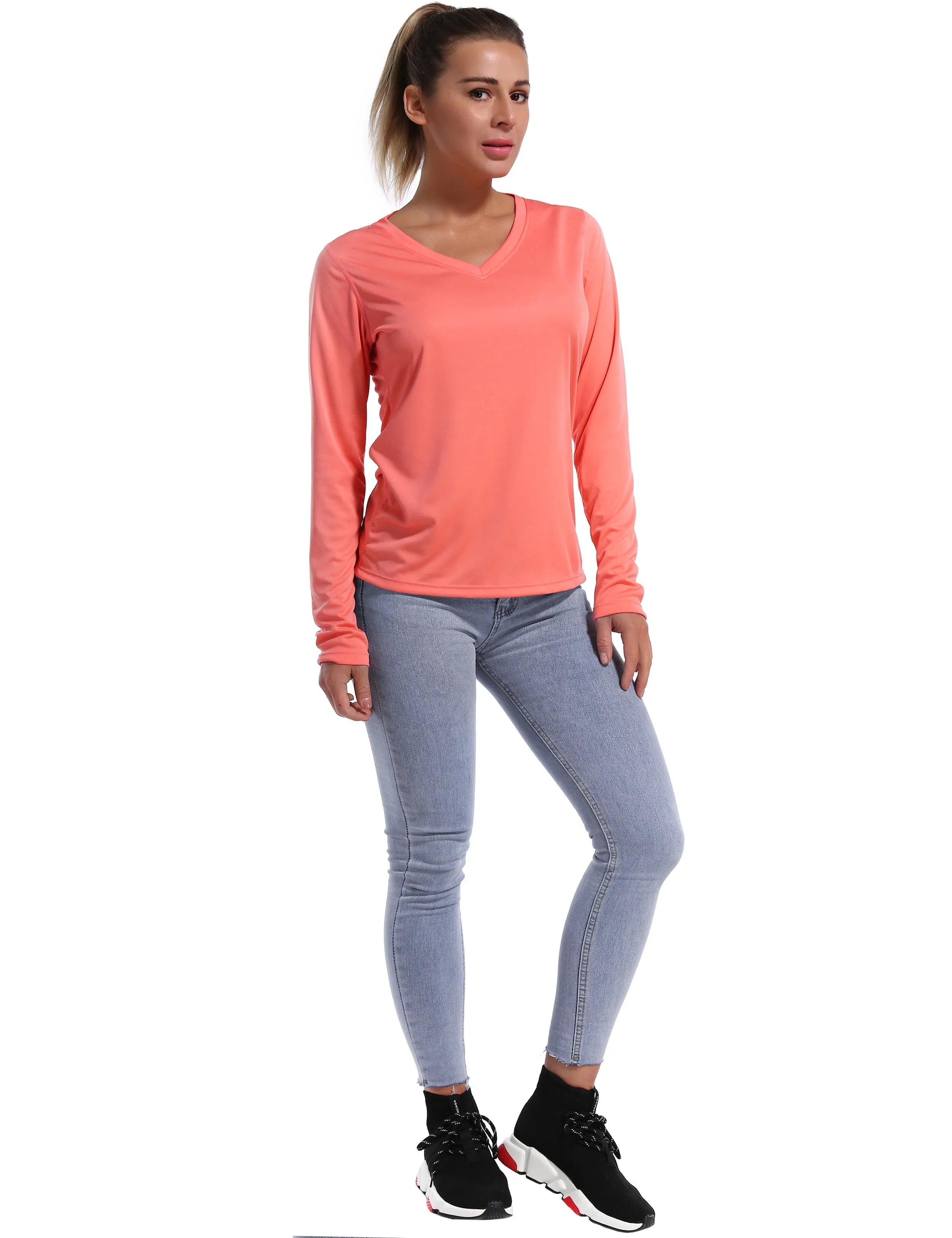 V Neck Long Sleeve Athletic Shirts coral_yogastudio