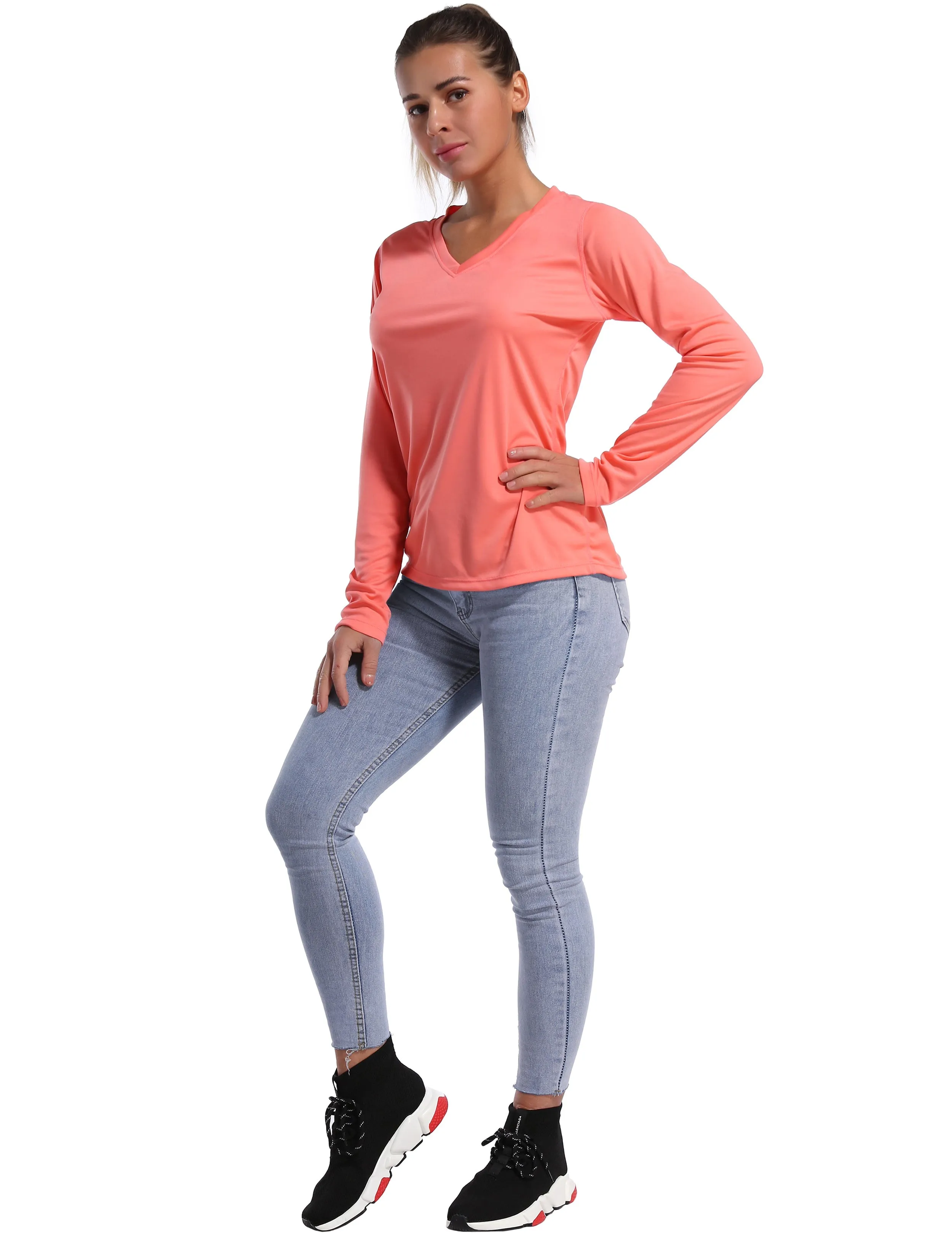 V Neck Long Sleeve Athletic Shirts coral_yogastudio