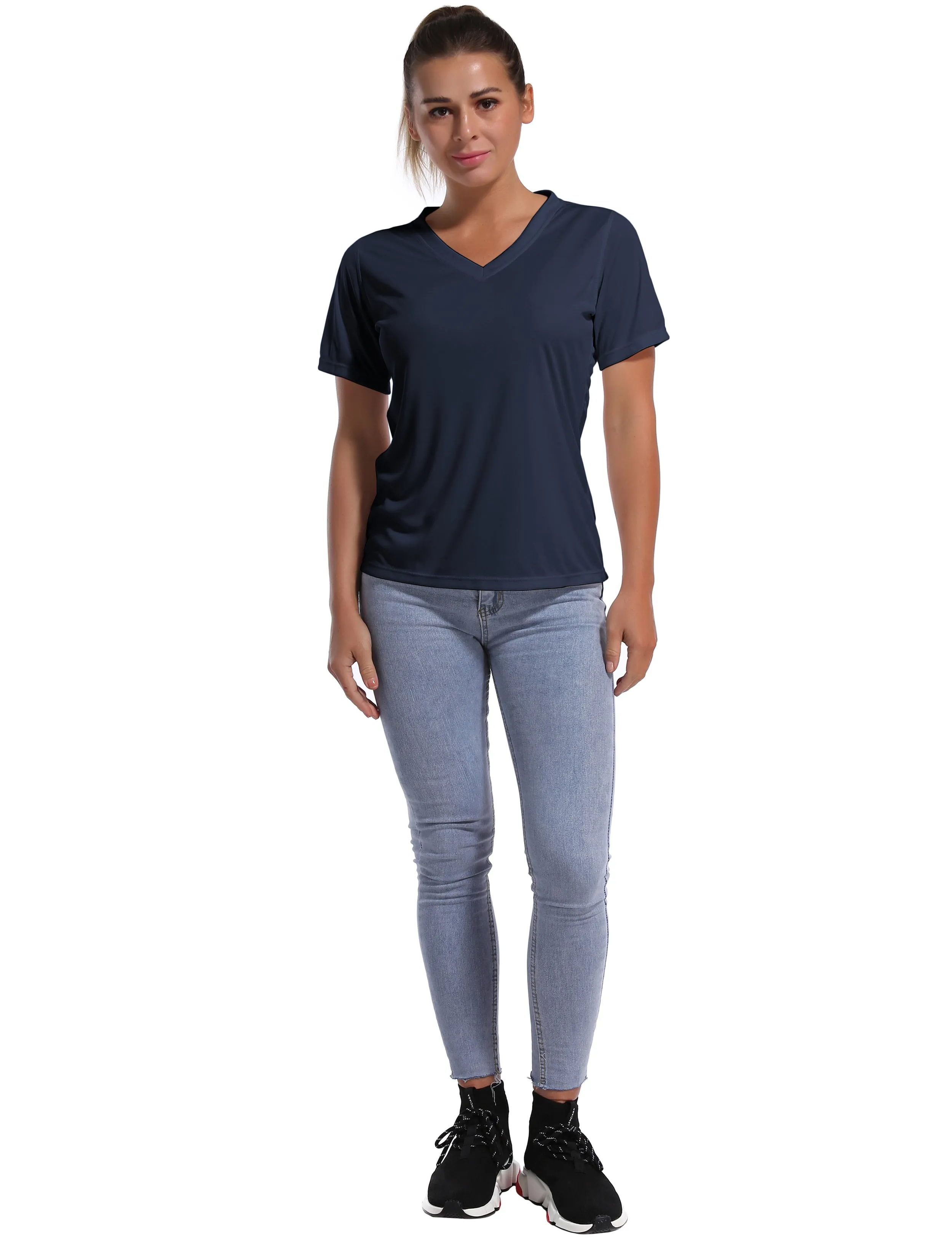 V-Neck Short Sleeve Athletic Shirts darknavy_yogastudio