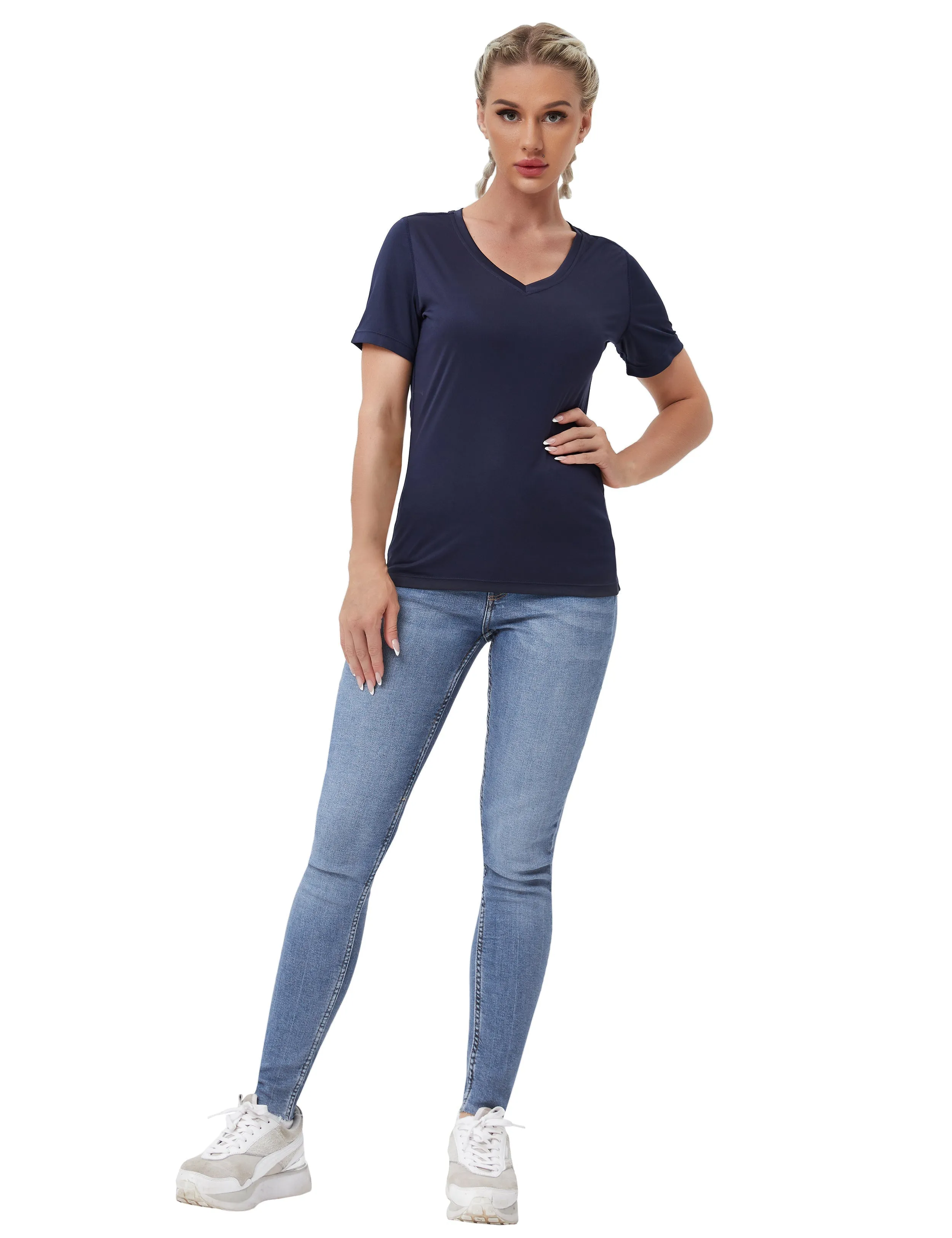 V-Neck Short Sleeve Athletic Shirts darknavy_yogastudio