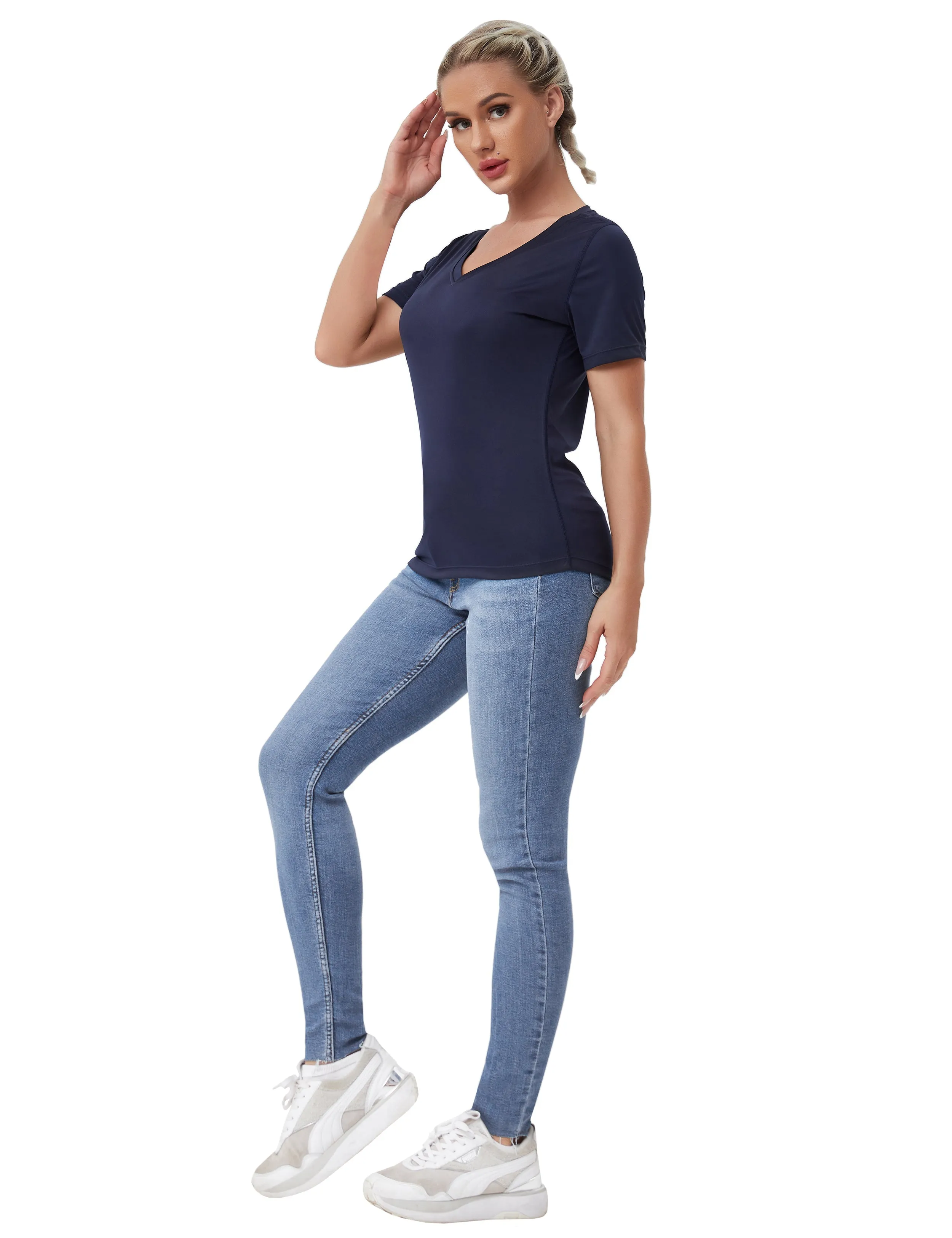 V-Neck Short Sleeve Athletic Shirts darknavy_yogastudio