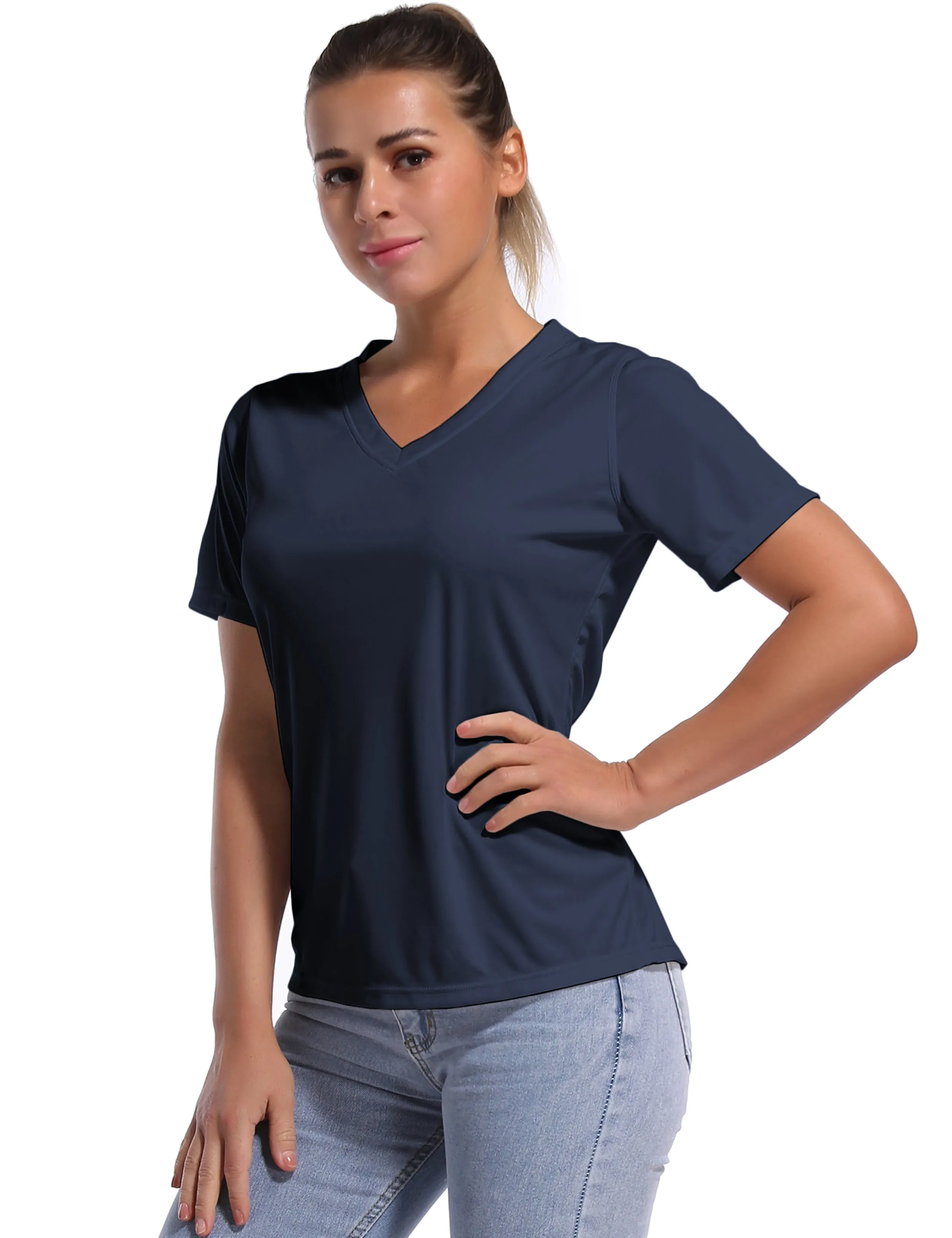 V-Neck Short Sleeve Athletic Shirts darknavy_yogastudio