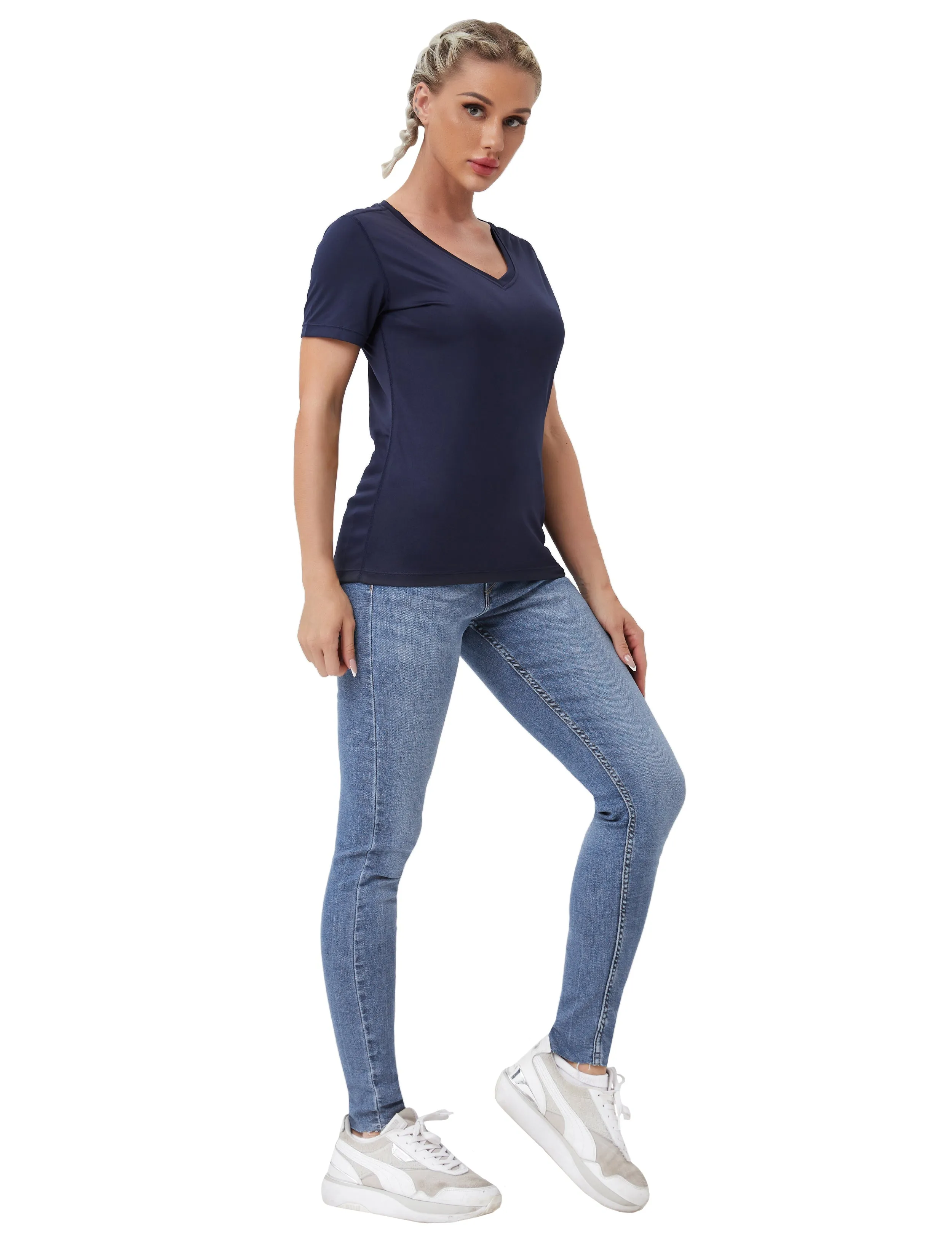 V-Neck Short Sleeve Athletic Shirts darknavy_yogastudio