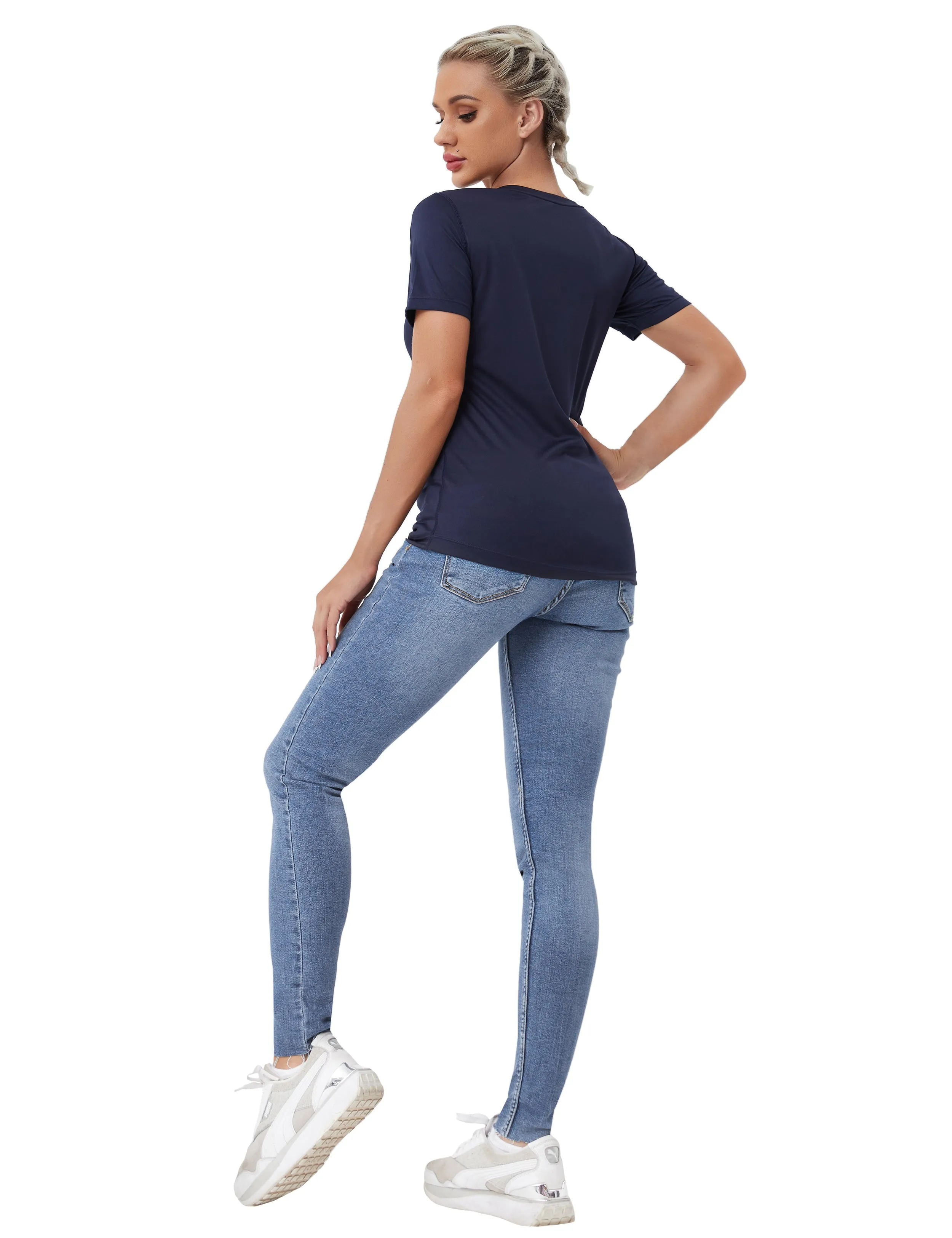 V-Neck Short Sleeve Athletic Shirts darknavy_yogastudio