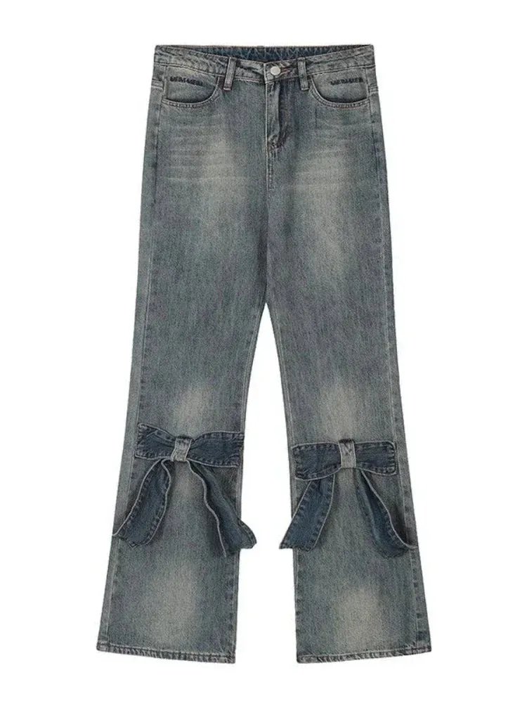 Y2K Style Wide-Leg Jeans With Ribbon Applications